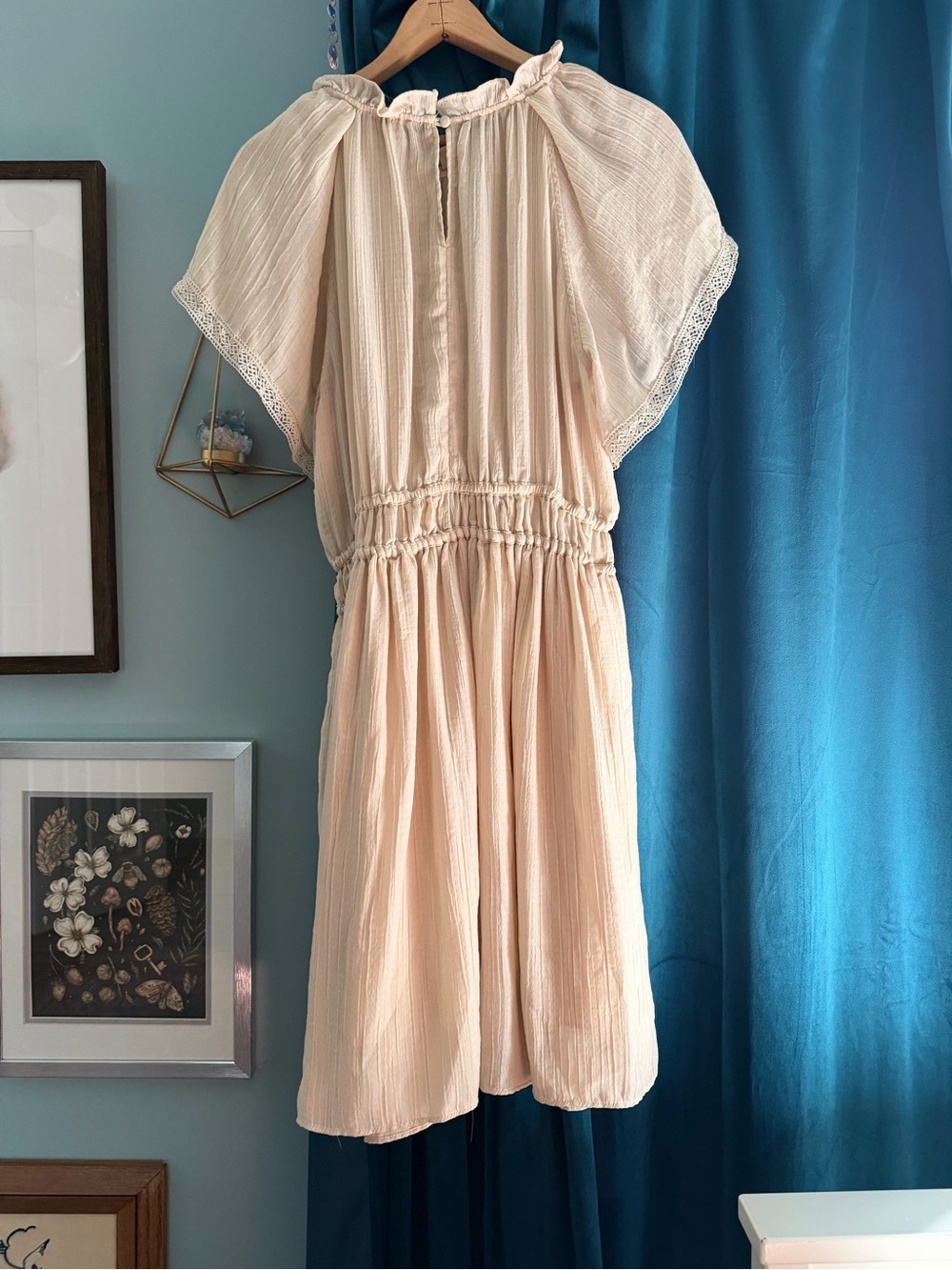 Current Air Los Angeles M Cream Crinkle Dress Crochet Trim Sleeve Boho - Picture 2 of 7